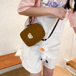 Cute brown corduroy bear embroidery small crossbody bag with duck plush charm