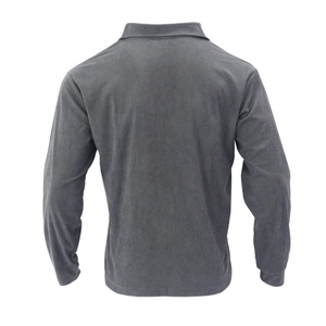Detailed back view of a grey corduroy shirt showing collar and shoulder texture