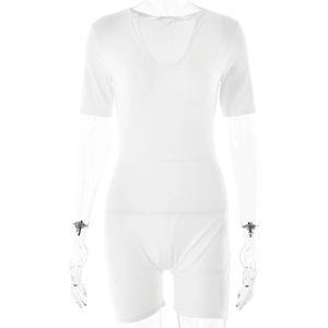 Close-up of white short-sleeve V-neck bodysuit on a mannequin with stretch fabric detail