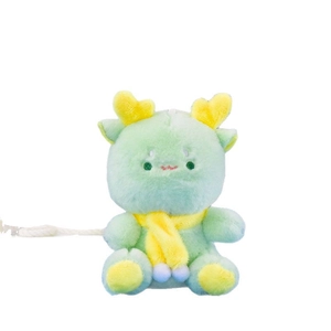 Cute mint green plush dragon pendant toy wearing a yellow scarf for bag decoration