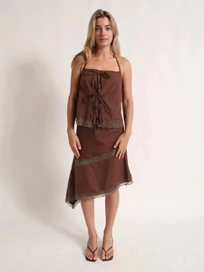 Two-piece dark brown lace trim set with halter bow top and asymmetrical midi skirt