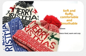 Detail of knitted Christmas hats showing jacquard reindeer patterns and cozy fleece lining