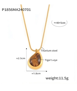 Detailed size specifications of tiger's eye teardrop pendant with titanium steel chain