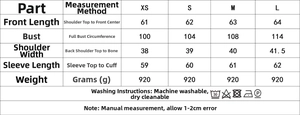 Tableau des tailles détaillé pour manteau en laine avec mesures et instructions de lavage