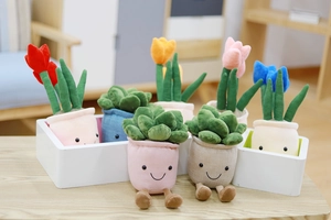 Plush tulip and succulent pot toys with cute smiling faces in various vibrant colors