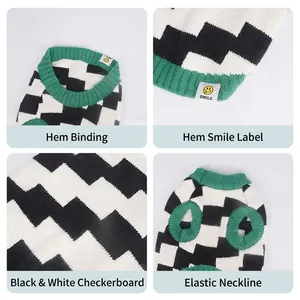 Classic checkered pet sweater with green ribbed collar and smile patch for dogs