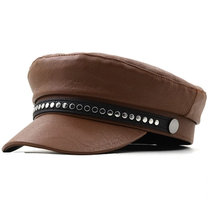 Brown leather military style newsboy cap with silver studs and chain detail decoration