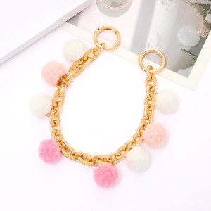 Pink and white plush ball beaded gold metal handle chain for bags and phone cases