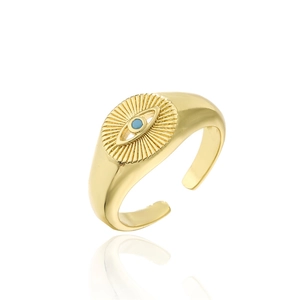 18K gold plated evil eye open ring featuring a blue stone center and sunburst texture
