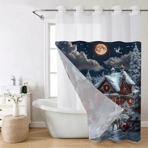 Detail of waterproof waffle shower curtain featuring winter snow cabin and red floral print