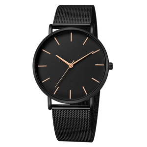 Reloj de cuarzo negro minimalista para hombre con índices oro rosa y correa de malla