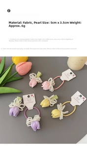 Detailed view of handmade fabric tulip hair clip and pearl elastic tie with 5x3.5cm dimensions
