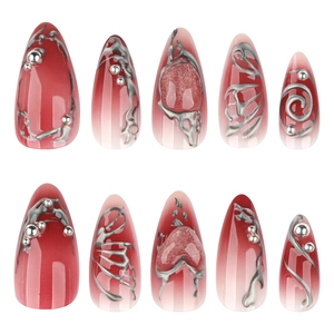 Deep red Y2K gradient stiletto press-on nails with 3D silver metal heart and beads