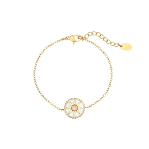 Detail of gold compass bracelet with white enamel sunburst pendant and lobster clasp
