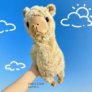 Realistic fluffy beige alpaca plush toy doll displayed against a bright blue sky background