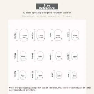 Guide des tailles montrant 12 dimensions pour faux ongles autocollants pour enfants