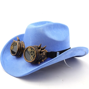 Close-up of steampunk blue suede cowboy hat with vintage goggles and golden gear detail