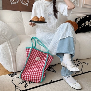 French style red and white checkered canvas tote bag with teal handles for daily commute