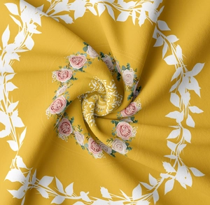 Detail of floral tapestry showing high-quality fabric texture and pink rose pattern