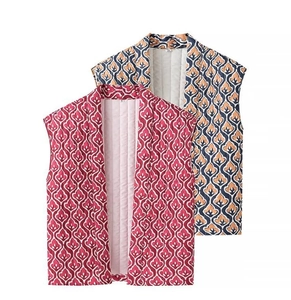 Detail view of red and blue geometric quilted cotton vests with warm lining
