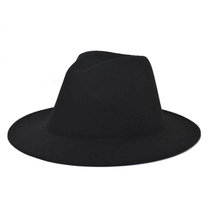 Classic black wide-brim wool felt fedora hat with flat brim and structured crown