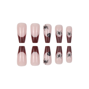 Halloween coffin nails featuring wine red tips, spider and skull art on a white background