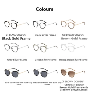 Detail overview of nine available color options for cat-eye glasses frames and sunglasses