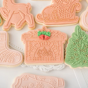 3D Christmas fondant cookie cutters set featuring reindeer, sleigh, and tree shapes