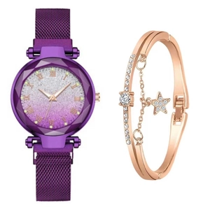 Women's quartz watch with purple starry sky dial and rose gold zircon star bracelet