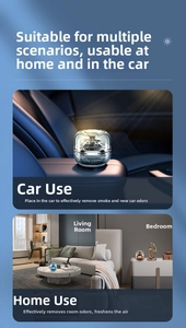 Solar powered car air freshener with metallic base showing use in car and home interiors