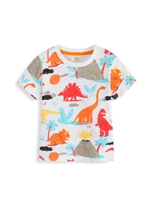 Short sleeve white cotton T-shirt for boys with colorful dinosaur and volcano prints