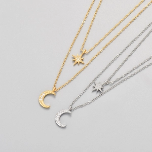 Celestial Star Moon Double Layer Necklace for Women Copper Plated Rhinestone Dainty Choker Fashion Jewelry Anniversary Gift