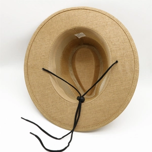 Men's breathable mesh straw fedora with UV protection and adjustable wind cord