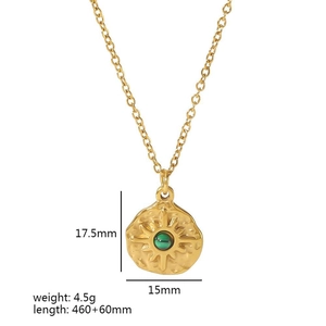 18k gold plated stainless steel sunburst pendant necklace with green natural stone