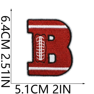 Detailed red embroidered letter B patch with American football motif 6.4x5.1cm