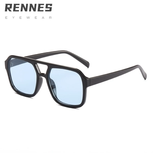 Classic black square double bridge sunglasses with light blue lenses for men and women