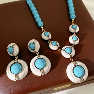 Vintage Necklace And Earrings Alloy Resin Turquoise Rhinestone Round Retro Ethnic Style Women Silver Earring Post