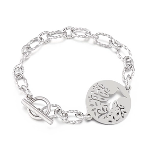 Retro stainless steel tree of life toggle clasp bracelet with thick silver chain