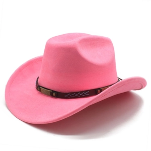 Close-up of pink faux suede cowboy hat with studded leather band and embroidery details