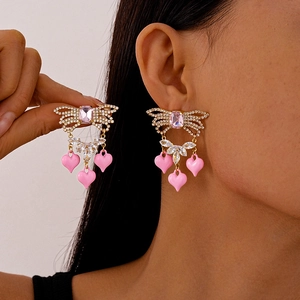 Pink Heart Dangle Earrings Bow Knot Rhinestone Zircon Sweet Alloy Jewelry With Silver Earring Post