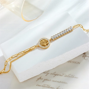 Gold tree of life round pendant bracelet with crystal stones and paperclip chain