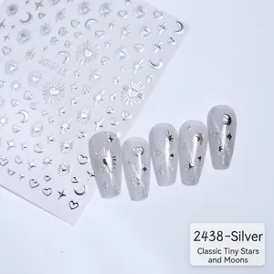 Detailed 3D silver metallic nail stickers JO-2438 with stars and moon designs