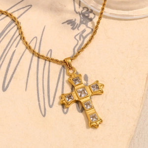 18K gold plated stainless steel necklace with sparkling zircon cross pendant