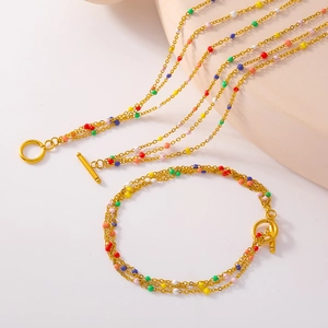 Multicolor bead gold plated stainless steel necklace and bracelet set with toggle clasp