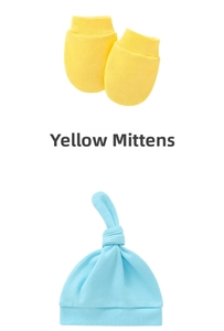 Detail of soft cotton newborn knot hat in blue and yellow anti-scratch mittens set
