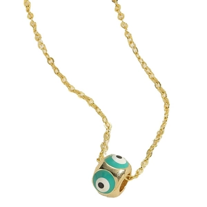 Golden O-chain necklace featuring a cylindrical evil eye pendant with enamel details