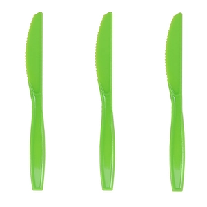 Three bright green plastic party knives with serrated edges for kids dinosaur parties