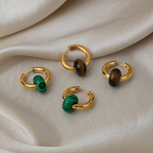 Geometric Hoop Earrings Stainless Steel 18K Gold Plated Natural Stone Beads Waterproof Hypoallergenic Jewelry For Women