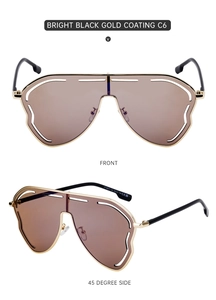 Front and 45-degree views of oversized integrated sunglasses with gold frames