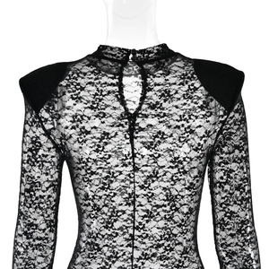 Detail of black lace bodysuit featuring high neck design and teardrop back cutout with buttons